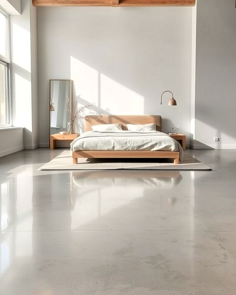 minimalist furniture bedroom with polished concrete floor - 20 Concrete Floor Bedroom Ideas
