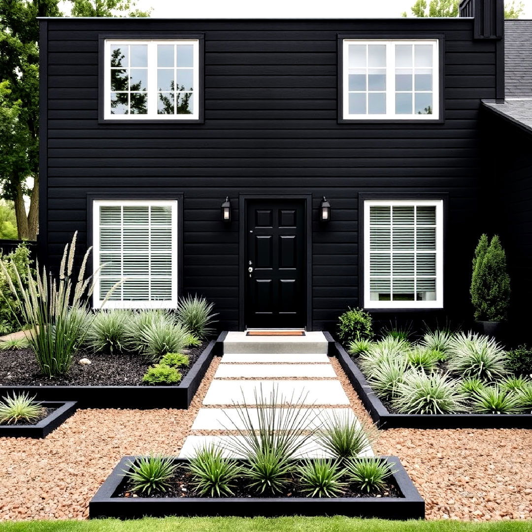 minimalist garden for black modern farmhouse exterior design - 40 Black Modern Farmhouse Exterior Design Ideas