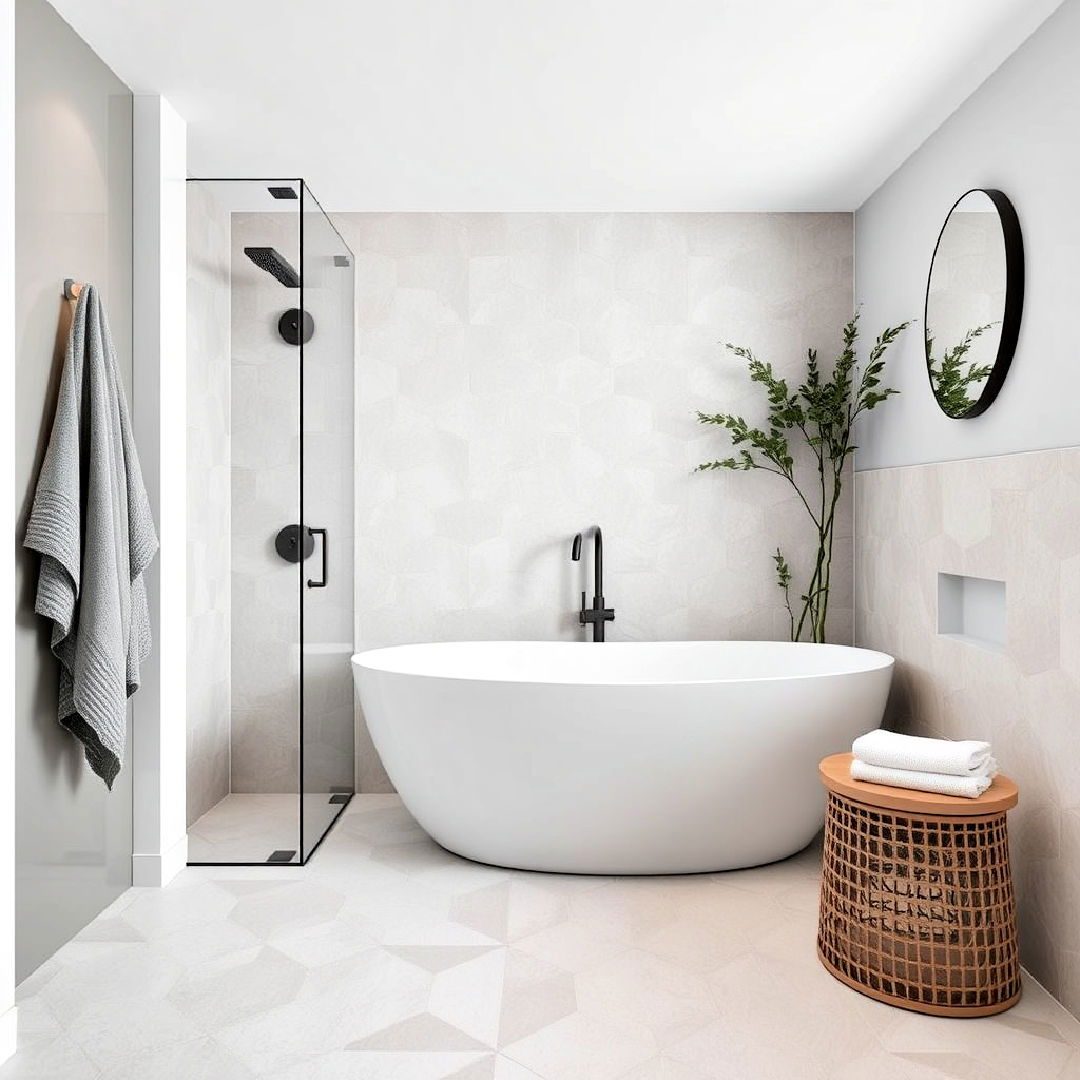 minimalist geometric tiles - 40 Japandi Bathroom Ideas