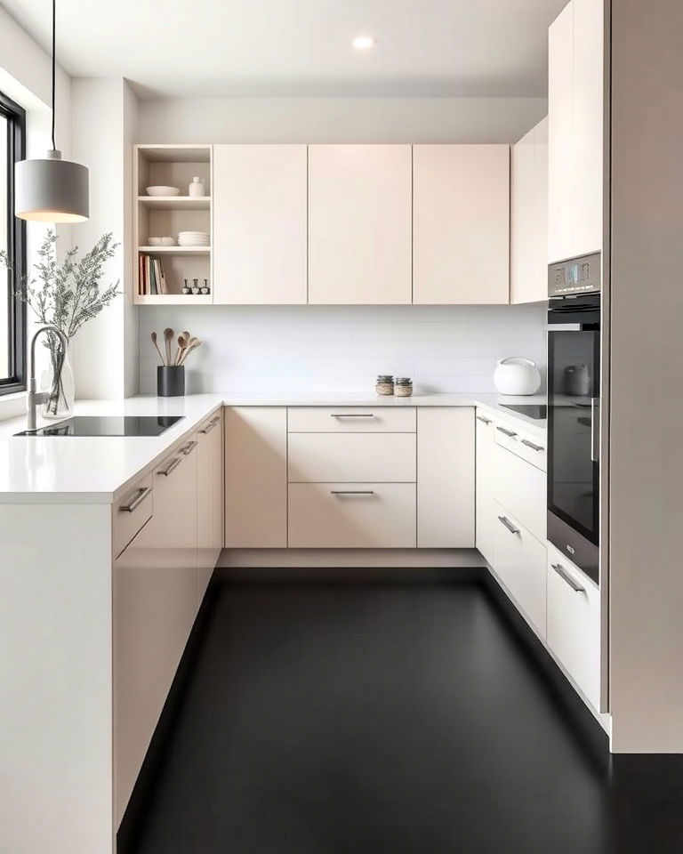 minimalist kitchen with sleek black flooring - 20 Black Floor Kitchen Ideas