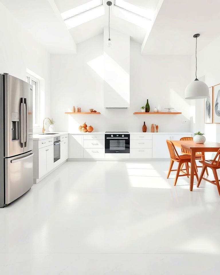 minimalist kitchen with white concrete floor - 25 Concrete Floor Kitchen Ideas