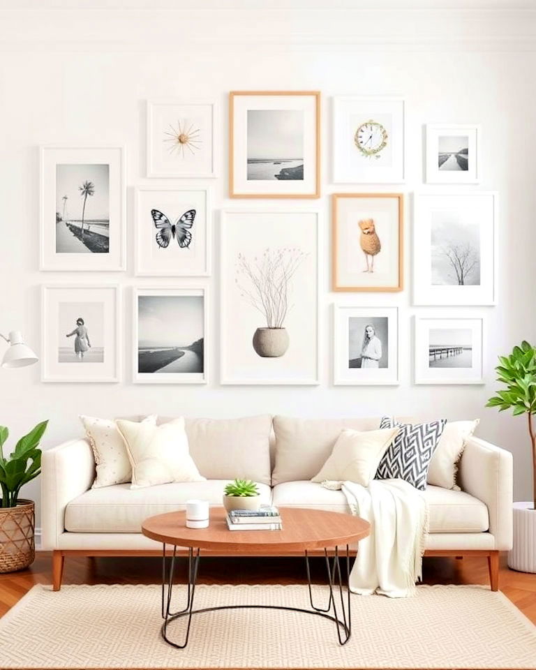 minimalist light and bright with white frames - 25 Eclectic Gallery Wall Ideas