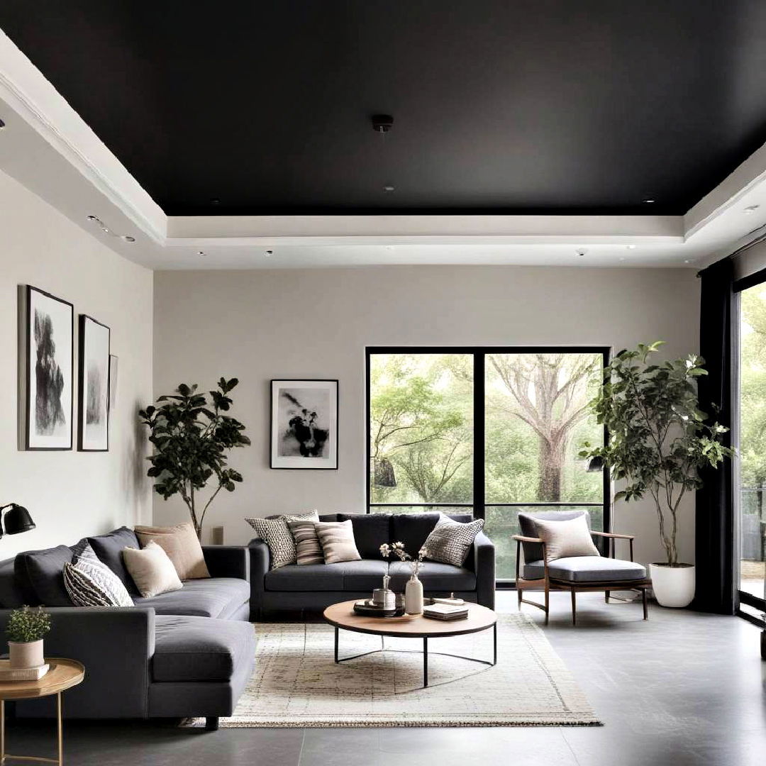 minimalist living room with black ceiling - 25 Black Ceiling Design Ideas