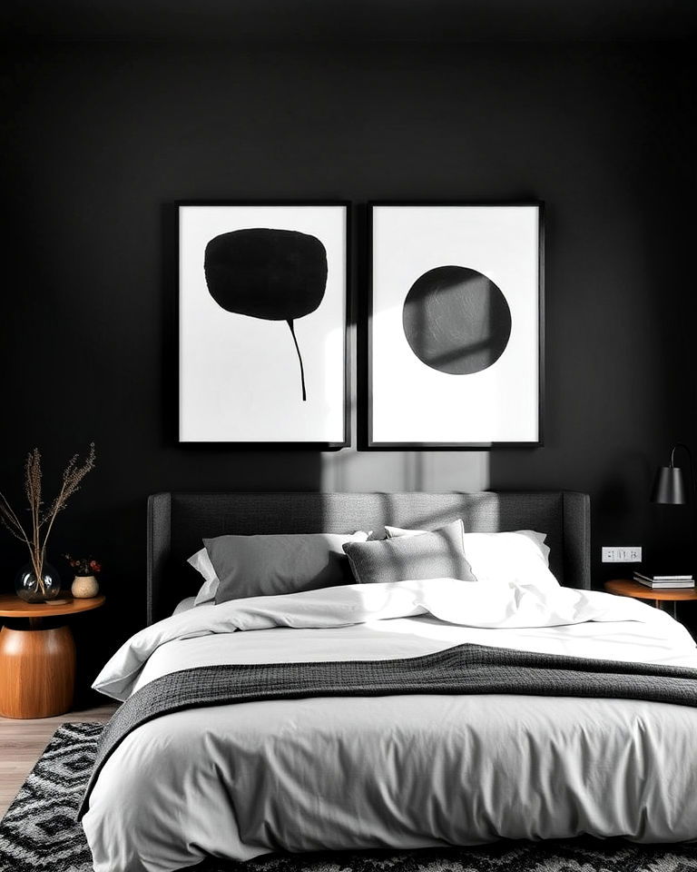 minimalist look black wall art - 20 Matte Black Bedroom Ideas