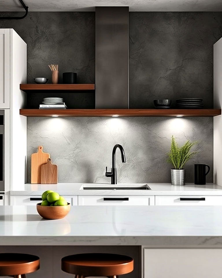 minimalist look concrete finish backsplash - 40 Kitchen Backsplash Ideas for White Cabinets