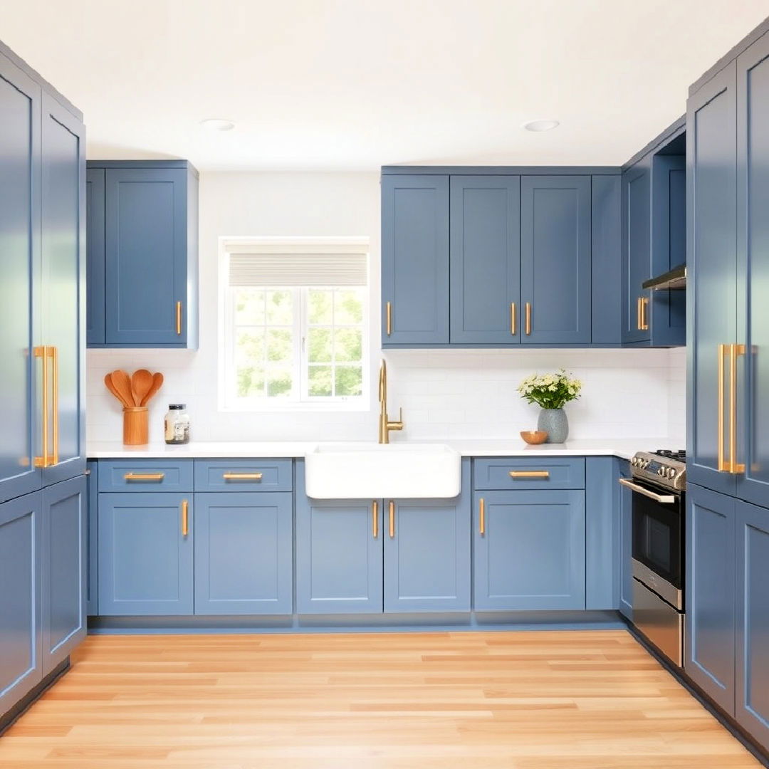 minimalist look denim blue cabinets with gold edge pulls - 30 Blue Kitchen Cabinets With Gold Hardware