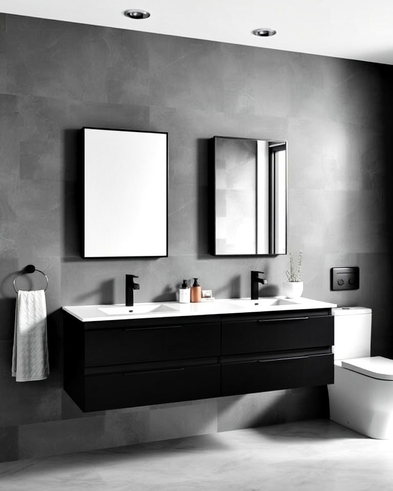 minimalist look floating black vanity - 20 Black Vanity Bathroom Ideas