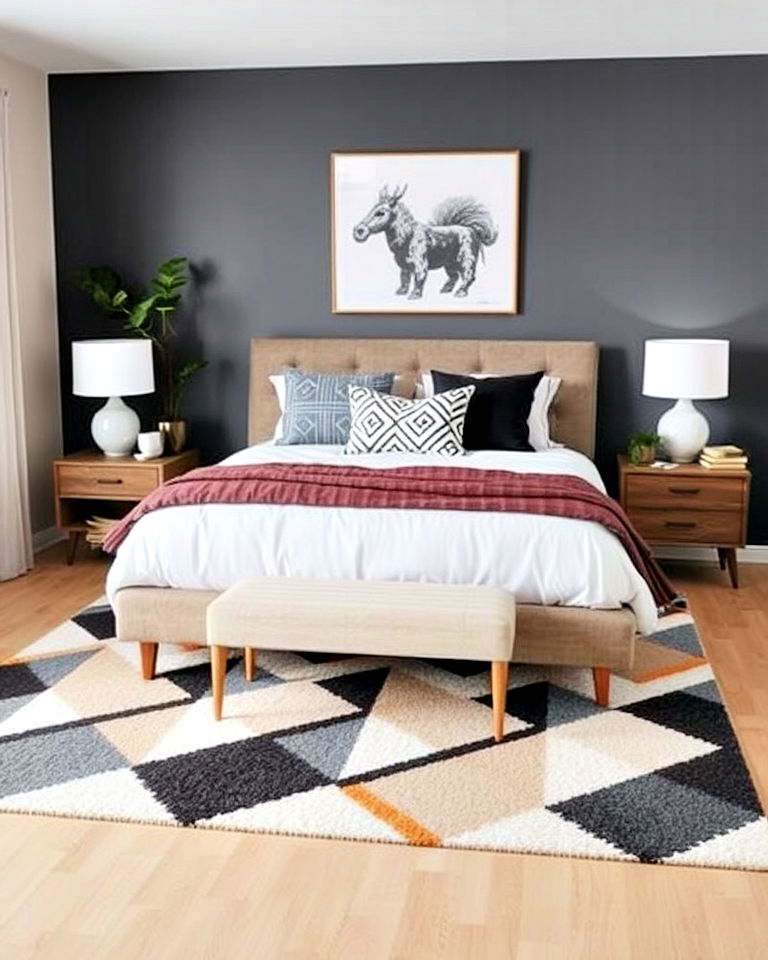 minimalist look geometric patterned rug - 30 Bedroom Rug Ideas
