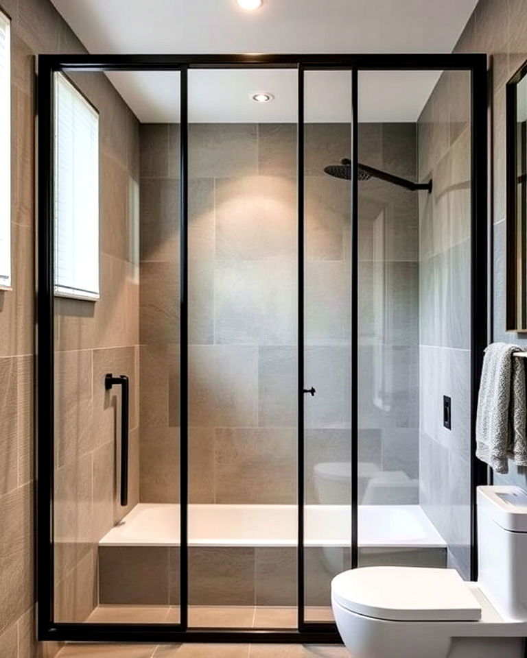 minimalist metal frame glass partition - 20 Bathroom Partition Ideas
