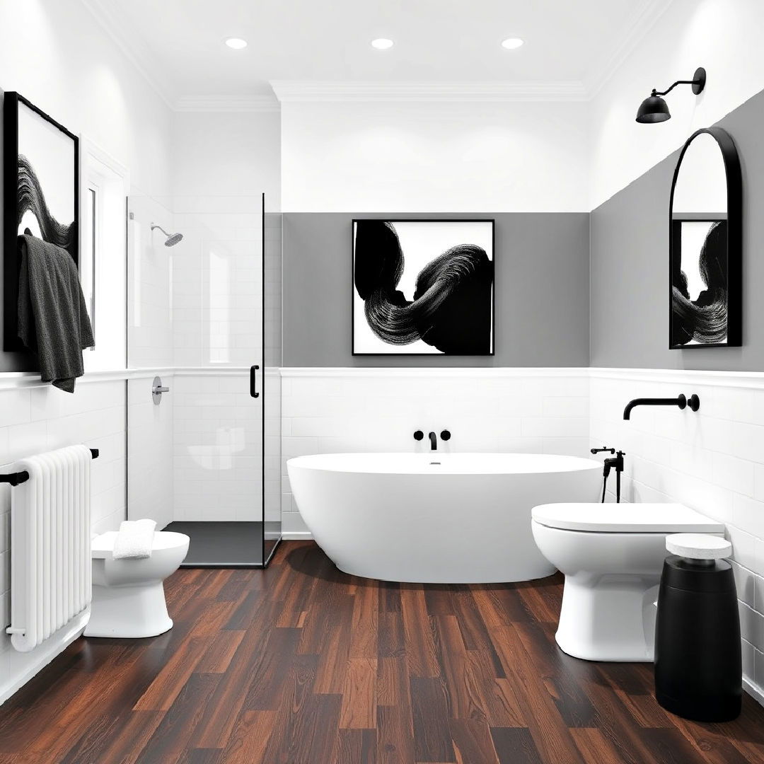 minimalist monochrome palette ideas - 25 Dark Wood Floor Bathroom Ideas