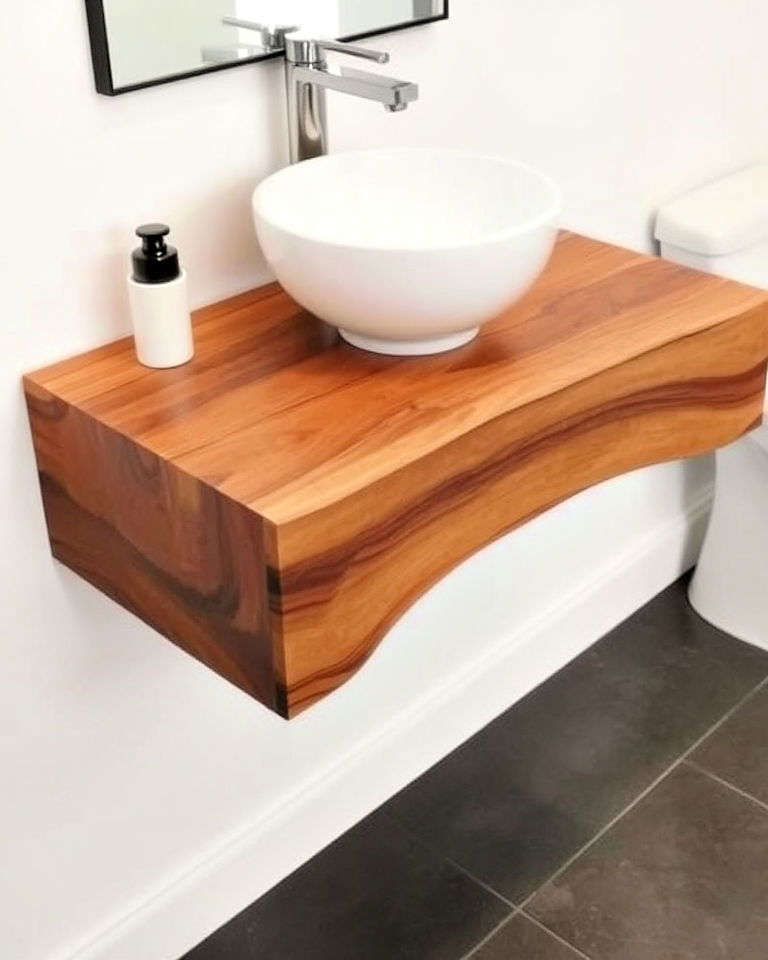 minimalist rustic floating wood slab vanity - 15 Rustic Bathroom Vanity Ideas