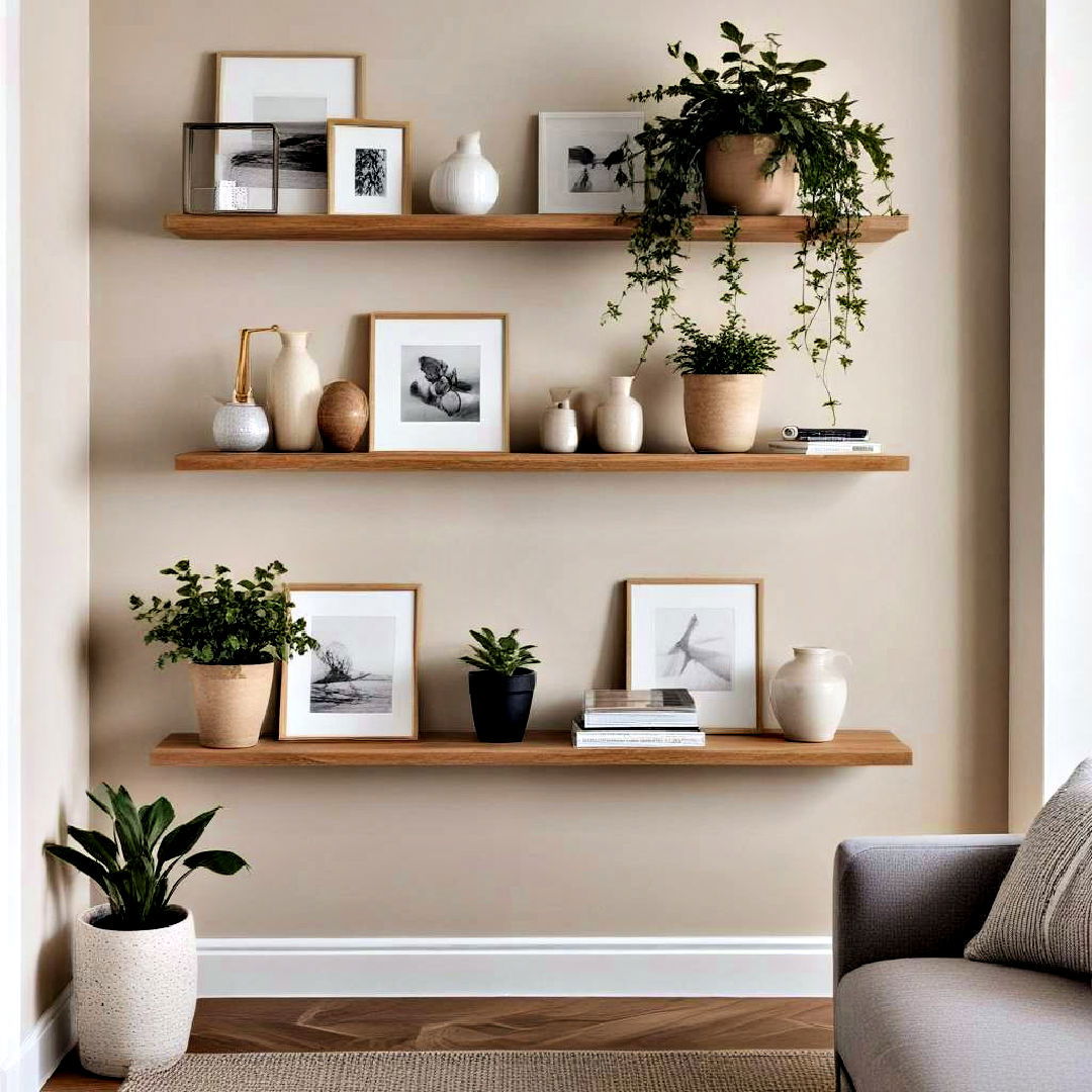 minimalist shelves to display decor items - 40 Neutral Living Room Ideas