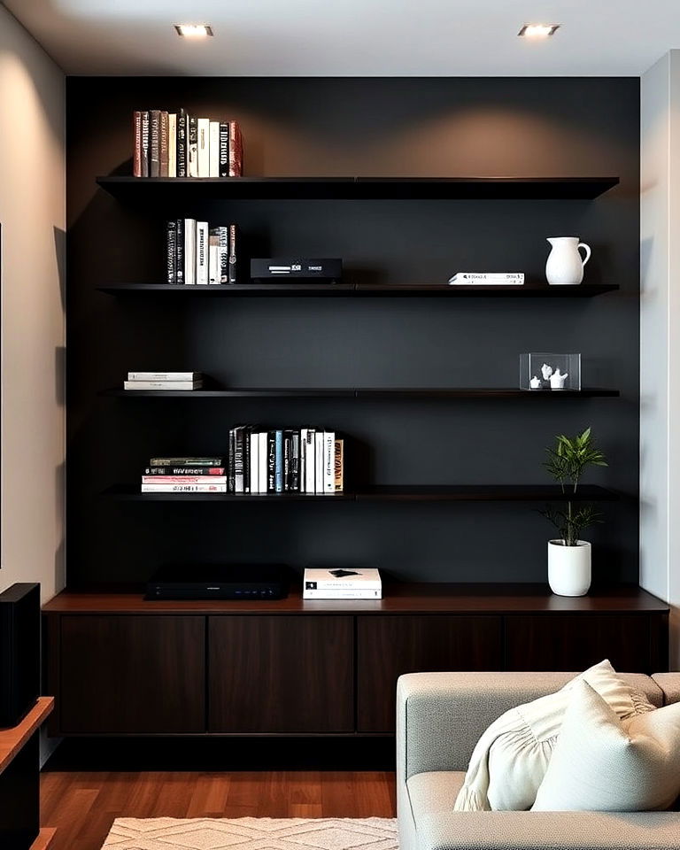 minimalist wall mounted shelving - 20 Modern Home Theater Ideas