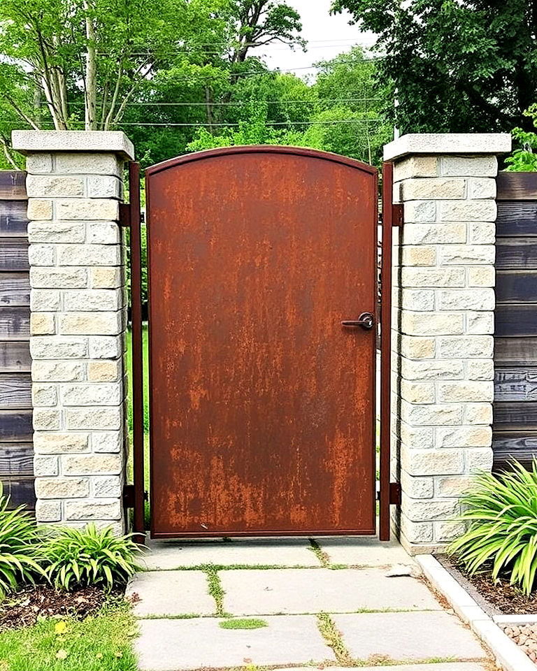 minimalist weathered steel garden gate - 25 Metal Garden Gate Ideas
