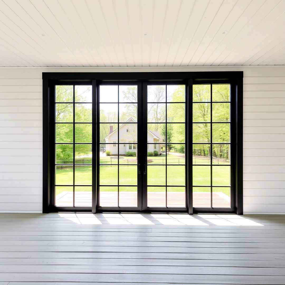 minimalist white farmhouse with black trimmed floor to ceiling windows - 25 White Farmhouse With Black Windows Ideas