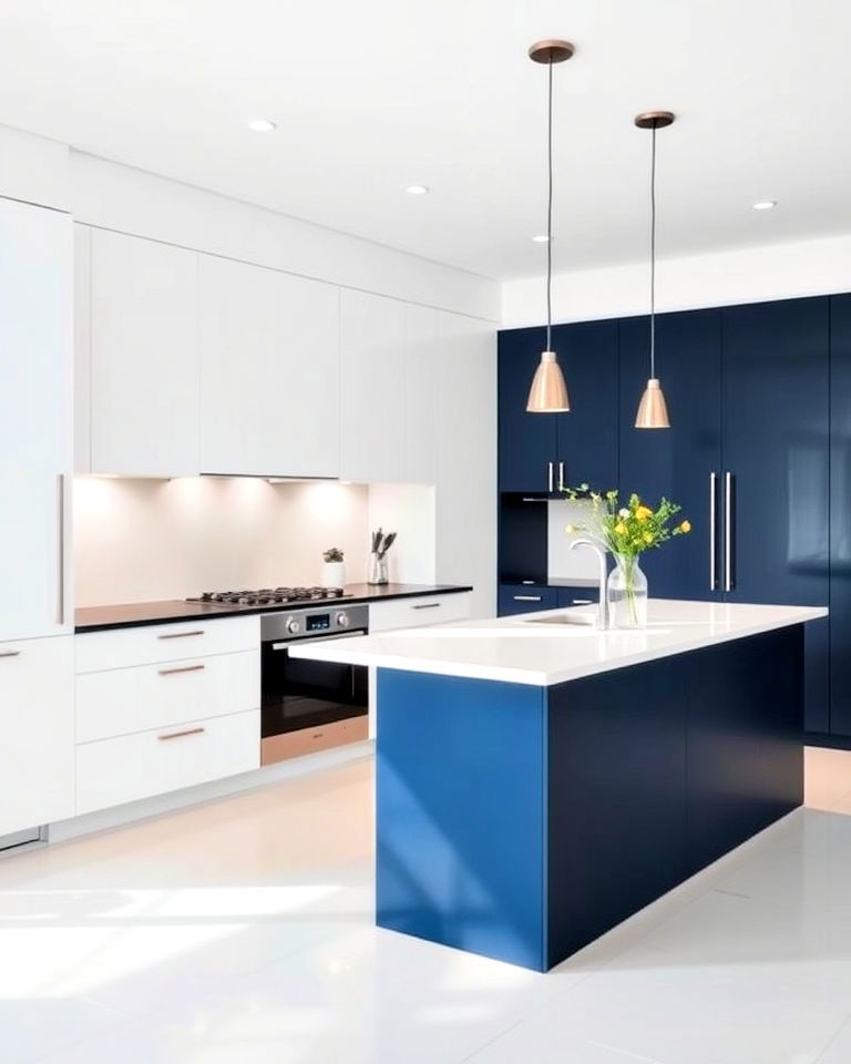 minimalist white kitchen and navy blue island - 30 White Kitchen Cabinets With Blue Island