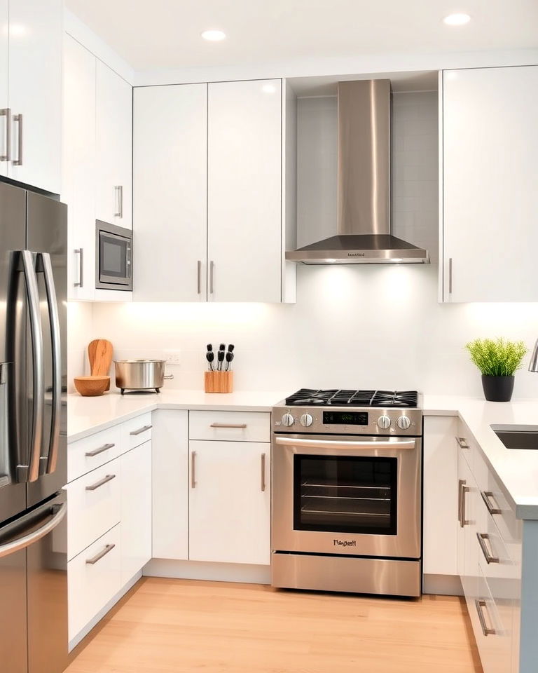minimalist white kitchen with stainless steel appliances - 25 White Kitchen with Stainless Steel Appliances Ideas