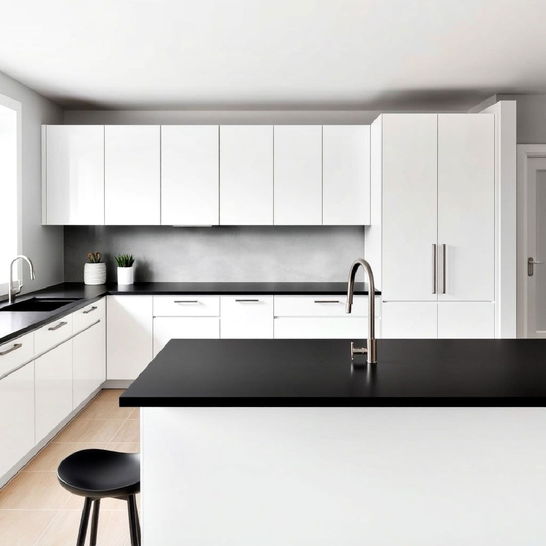 minimalist white slab cabinets with matte black counters - 40 White Kitchen With Black Countertops Ideas