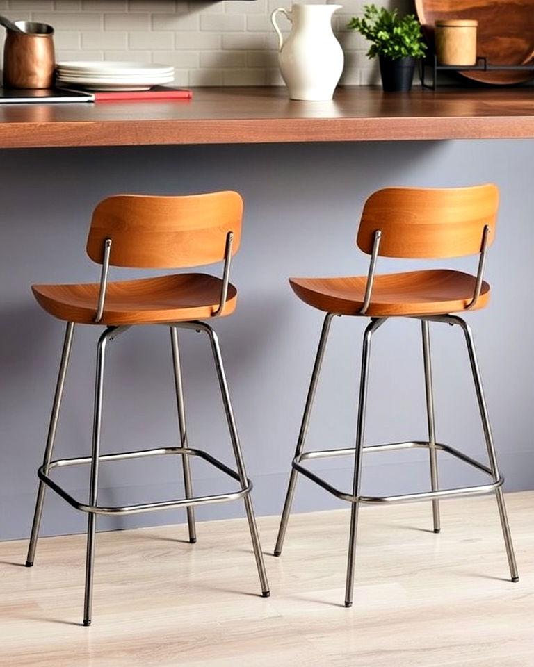 minimalist wood and metal bar stools - 40 Mid-century Modern Kitchen Ideas