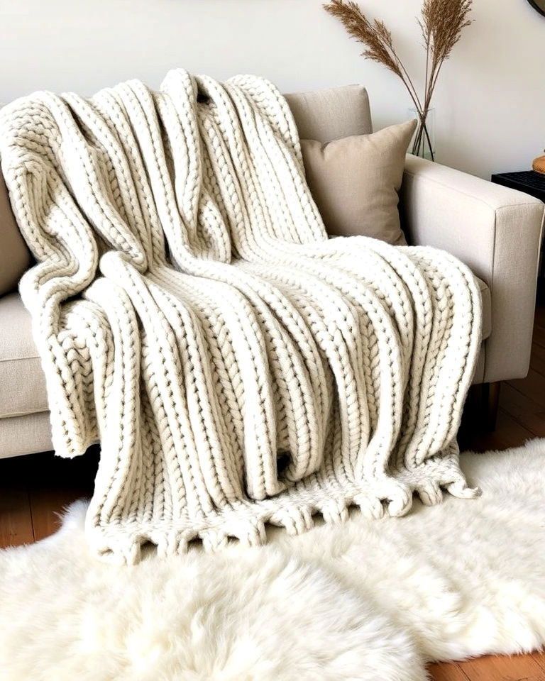 minimalistic chunky knit blankets - 30 Rustic Scandinavian Living Room Ideas