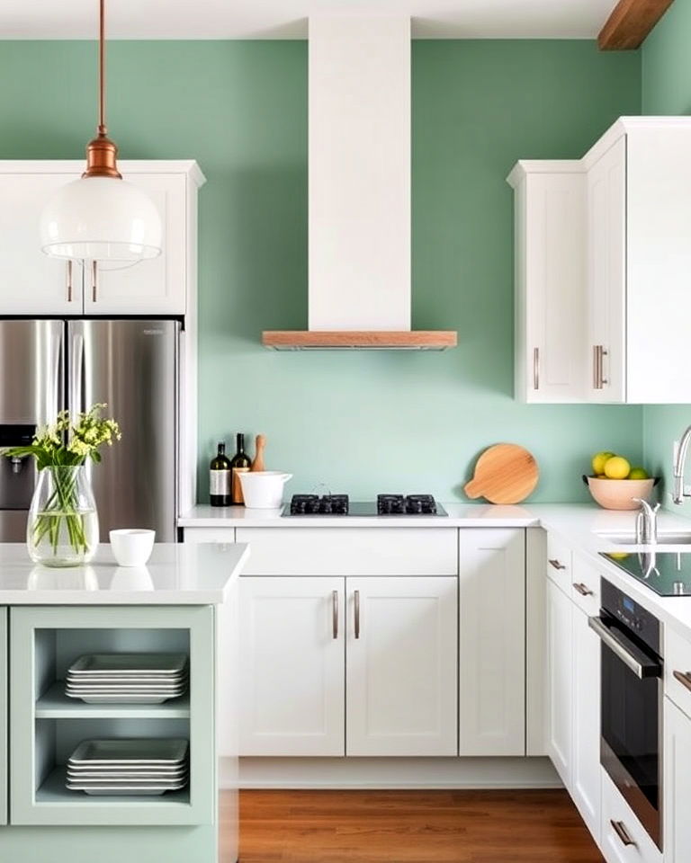 mint green accent wall for balanced look - 30 Mint Green Kitchen Ideas