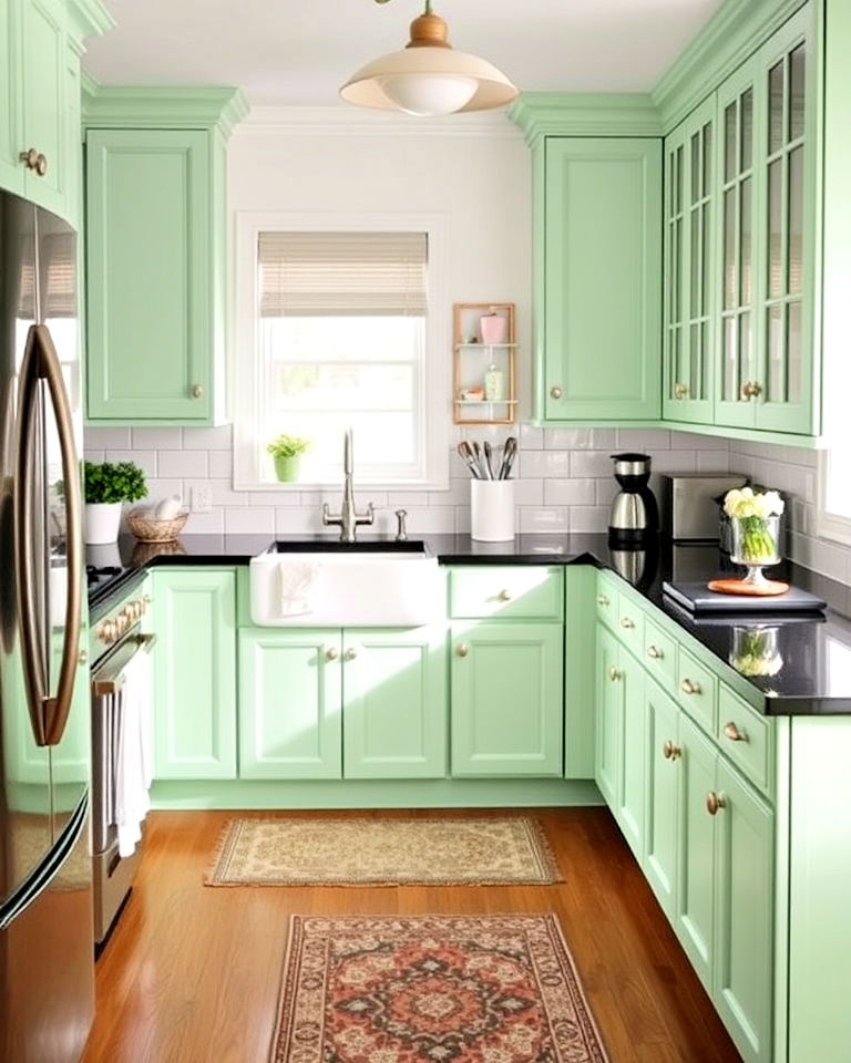 mint green and black for vintage inspired kitchen - 20 Green Kitchen Cabinets With Black Countertops