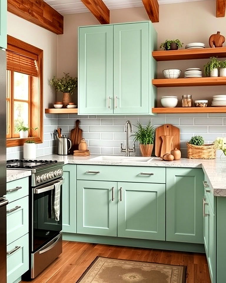 mint green and natural wood combo for kitchen - 30 Mint Green Kitchen Ideas