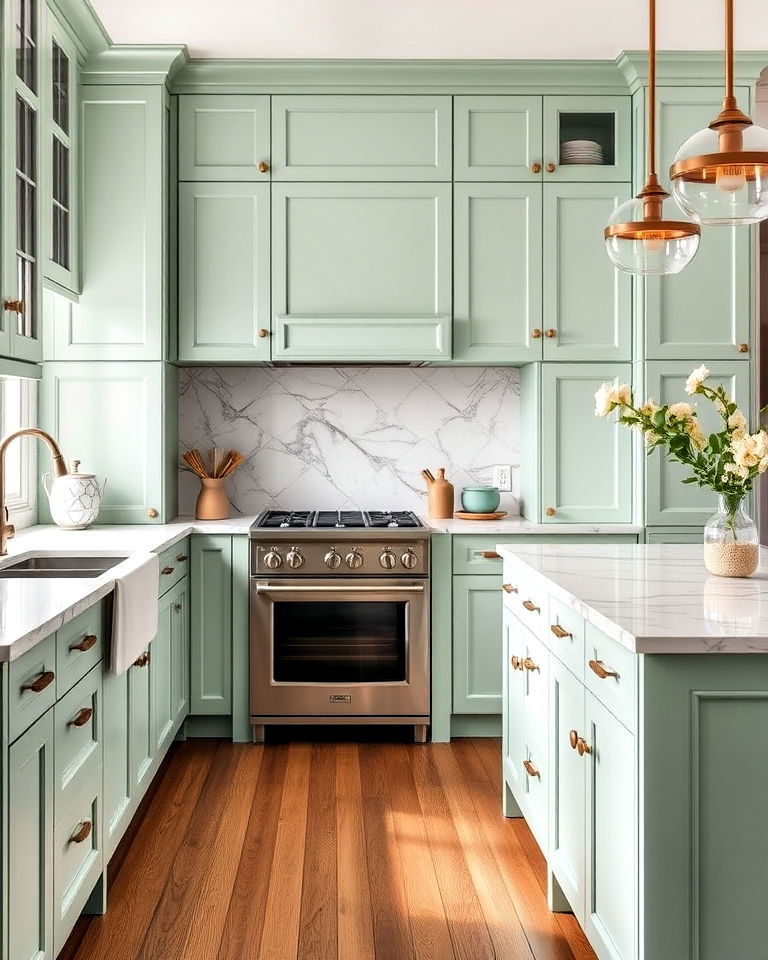 mint green cabinets and marble countertops - 30 Mint Green Kitchen Ideas