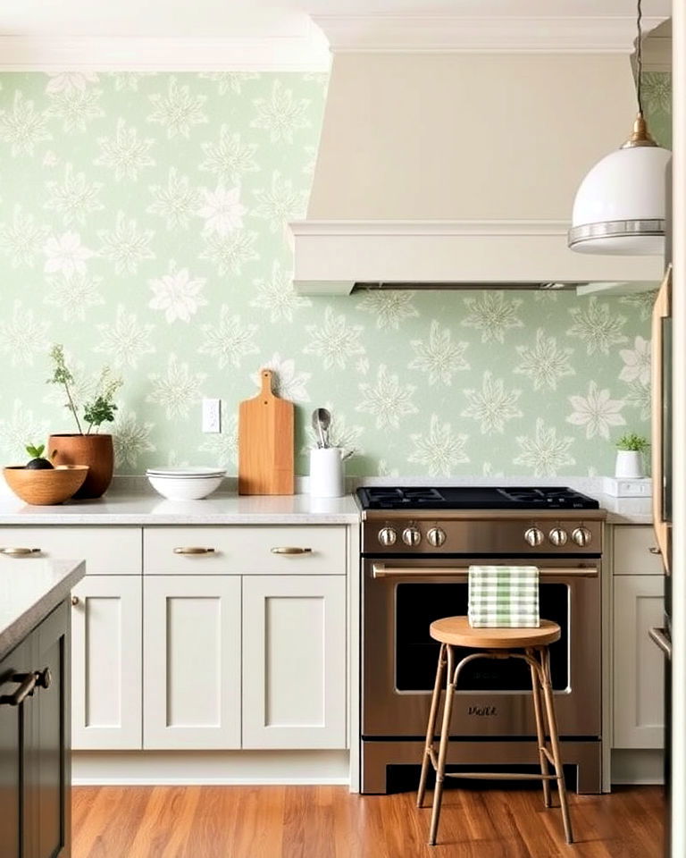 mint green kitchen with patterned wallpaper - 30 Mint Green Kitchen Ideas