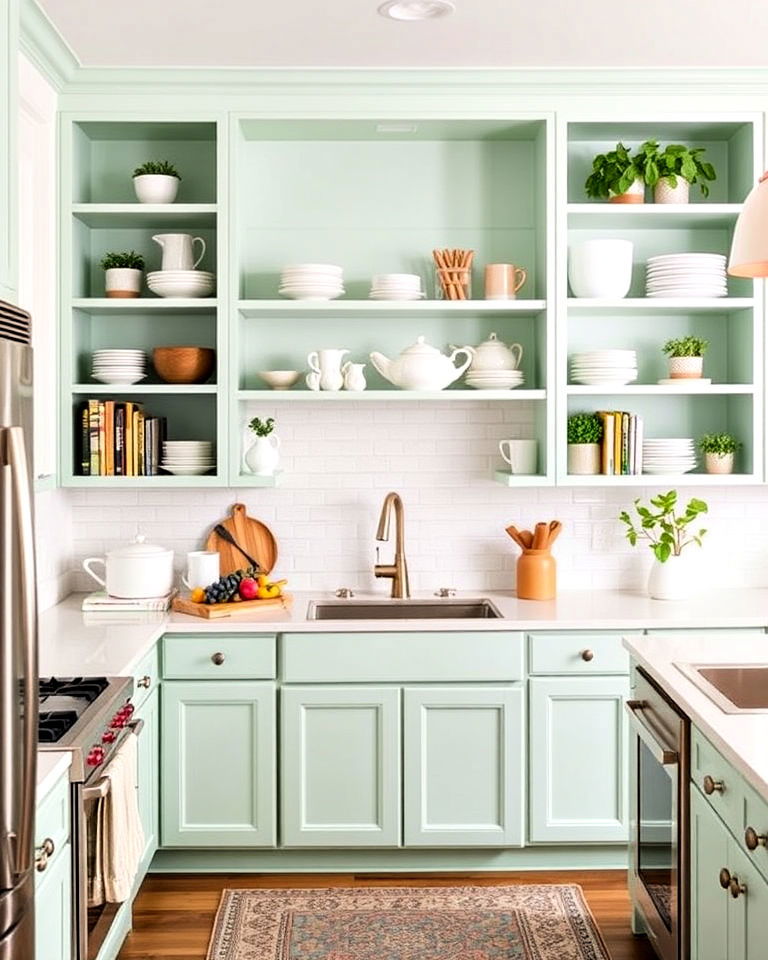 mint green open shelving for kitchen - 30 Mint Green Kitchen Ideas