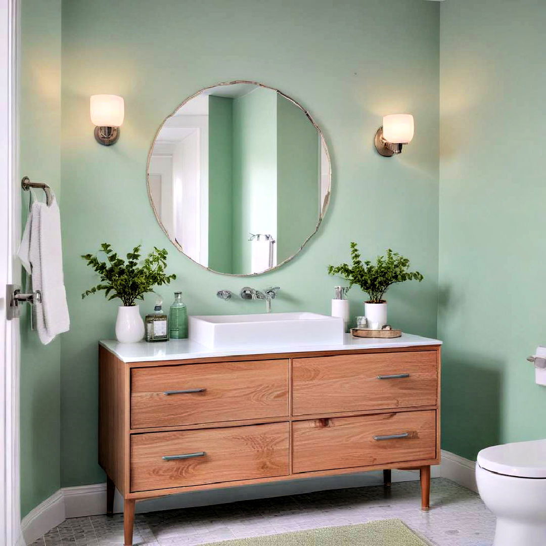 mint green paint pairs with wooden elements - 40 Bathroom Paint Ideas
