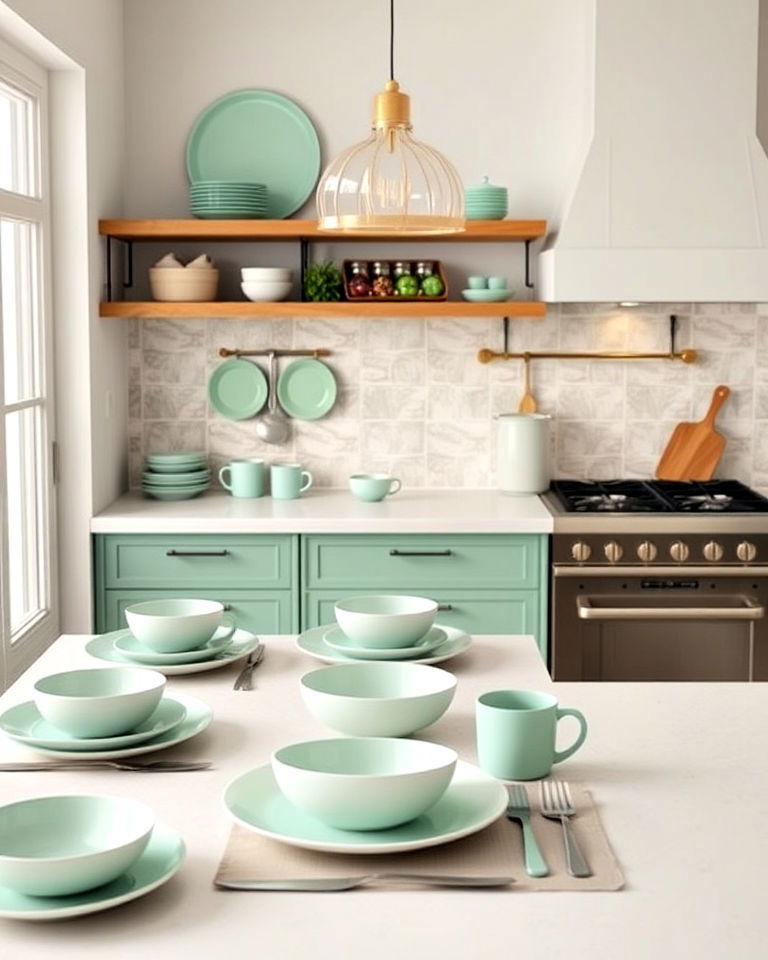 mint green tableware to add subtle touch - 30 Mint Green Kitchen Ideas