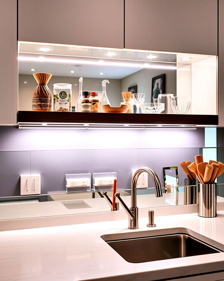 mirrored backsplash backlit shelf - 30 Mirrored Backsplash Kitchen Ideas