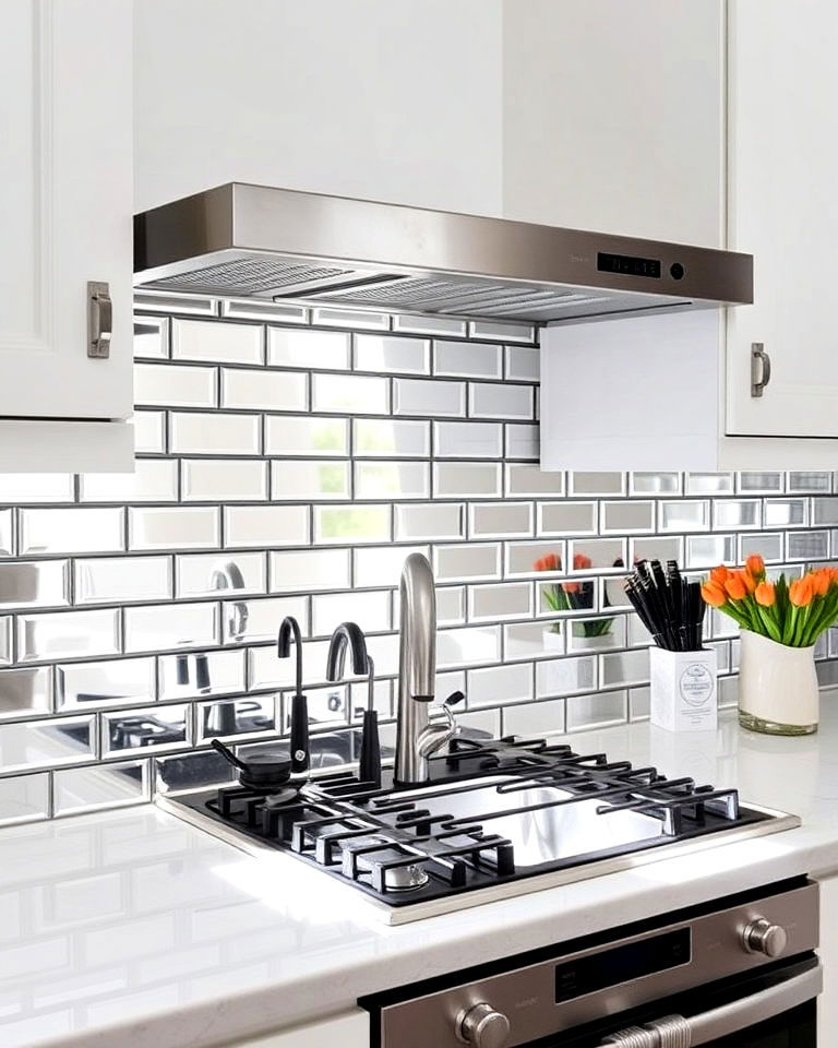 mirrored subway tiles backsplash - 30 Mirrored Backsplash Kitchen Ideas
