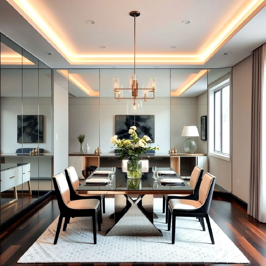 mirrored wall panels for sleek look - 25 Dining Room Mirror Ideas