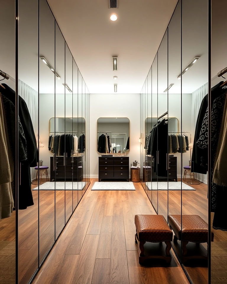 mirrored walls to add depth - 30 Dressing Room Ideas