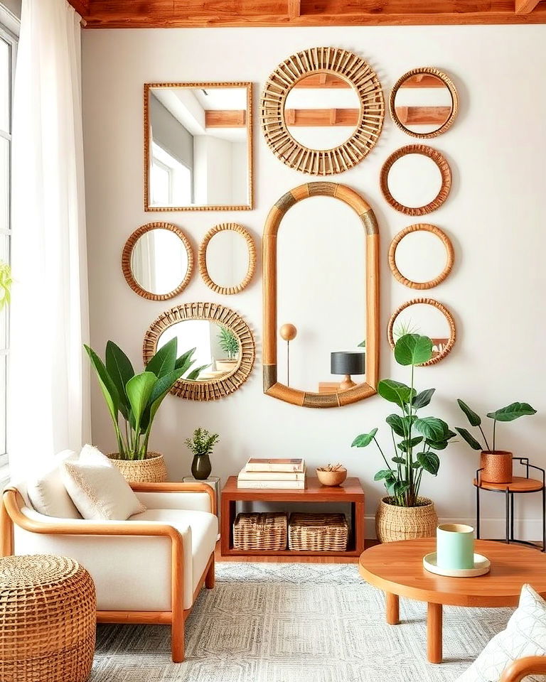 mirrors framed with natural materials - 20 Mirror Collage Wall Ideas