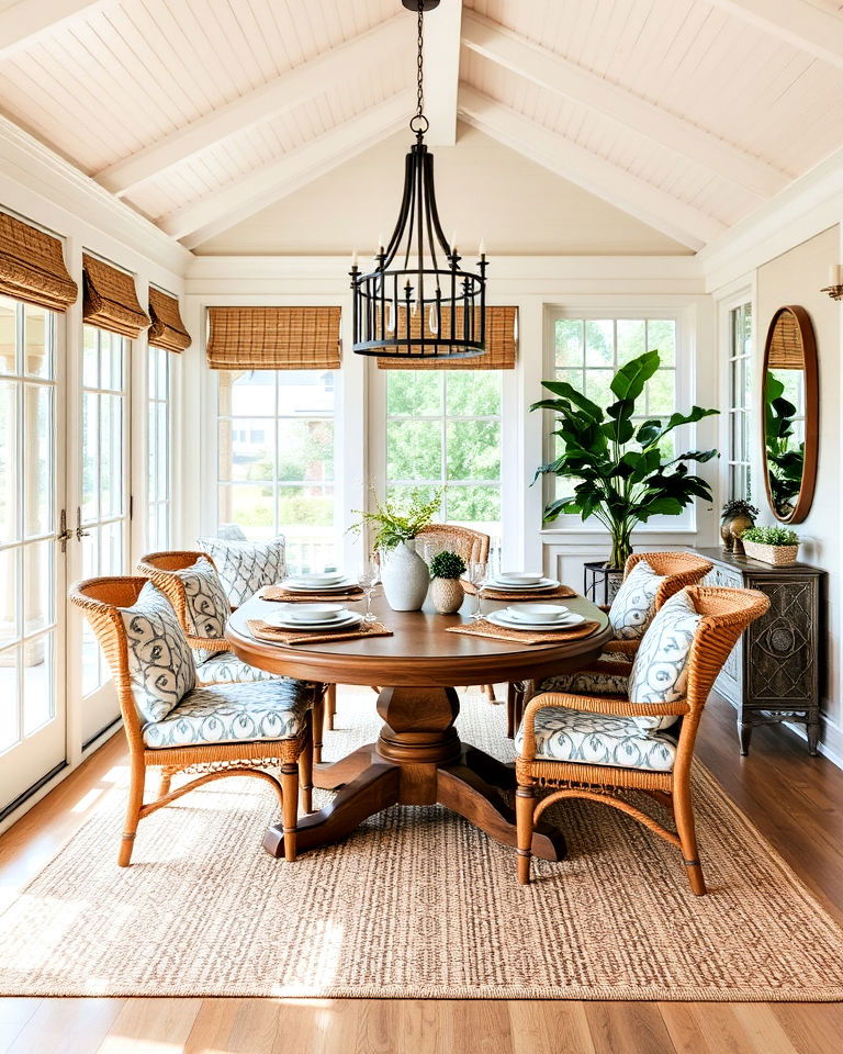 mix patterns and textures for sunroom dining room - 25 Sunroom Dining Room Ideas