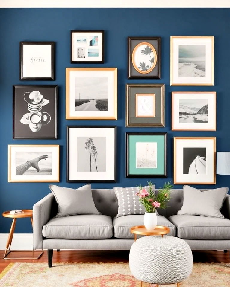 mixed frames and monochromatic color scheme - 25 Eclectic Gallery Wall Ideas