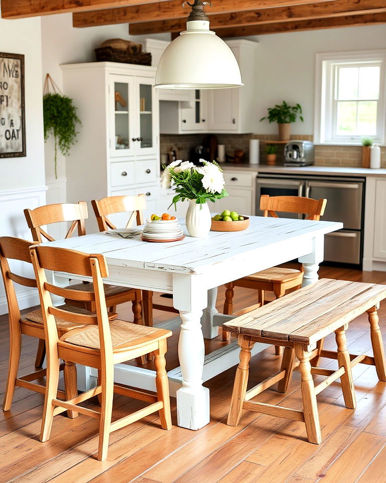 mixed seating with rustic white table - 20 Rustic White Kitchen Ideas