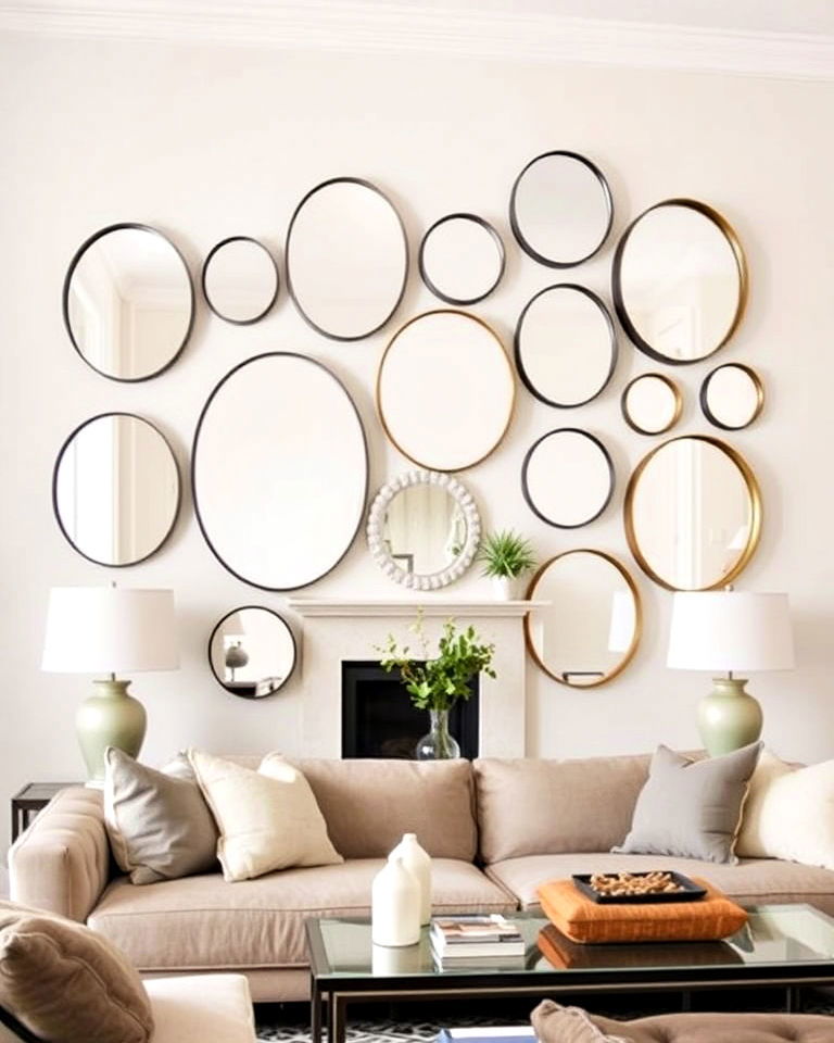 mixed size oval mirror wall design - 30 Mirror Gallery Wall Ideas