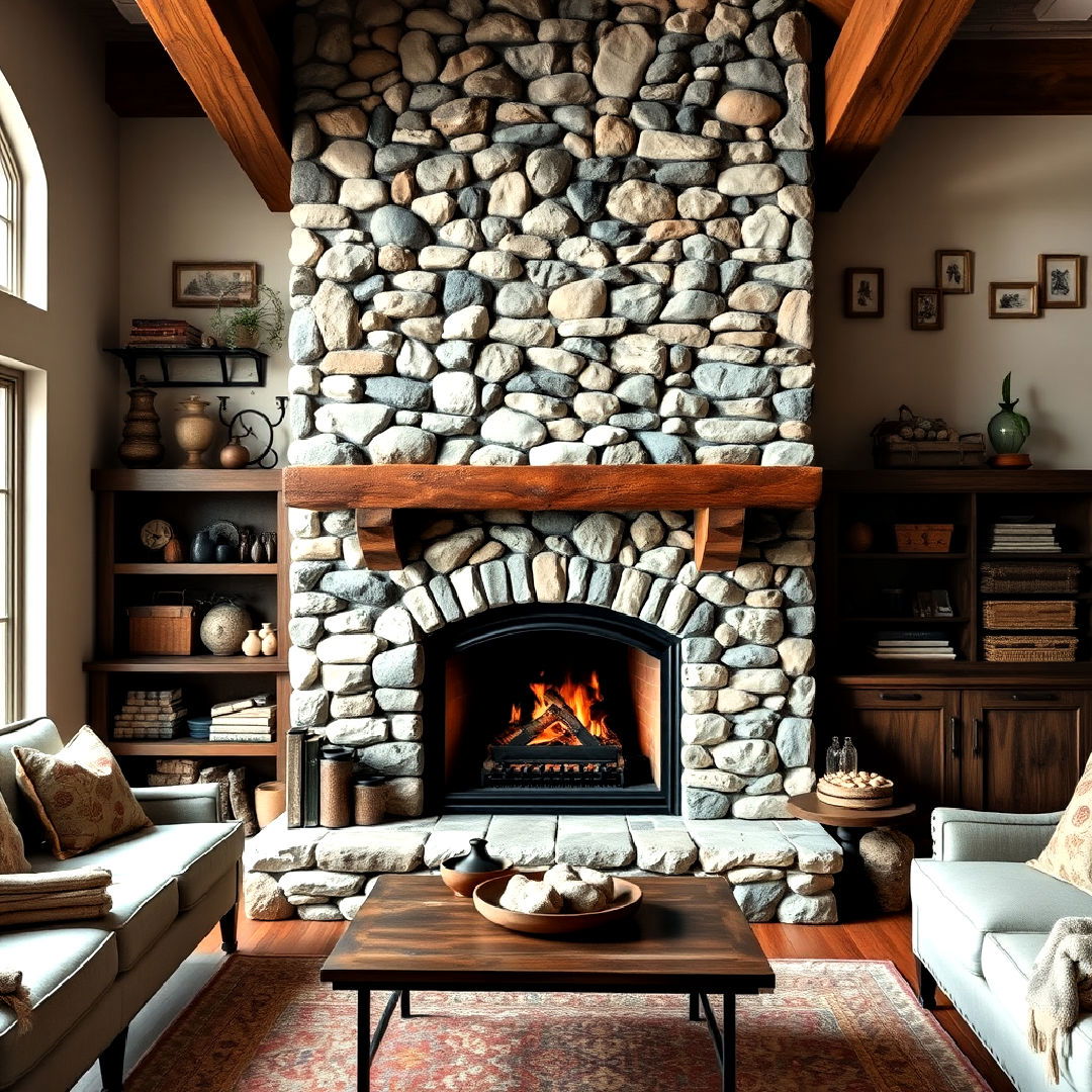 mixed size stones to add rustic charm - 25 Stacked Stone Fireplace Ideas