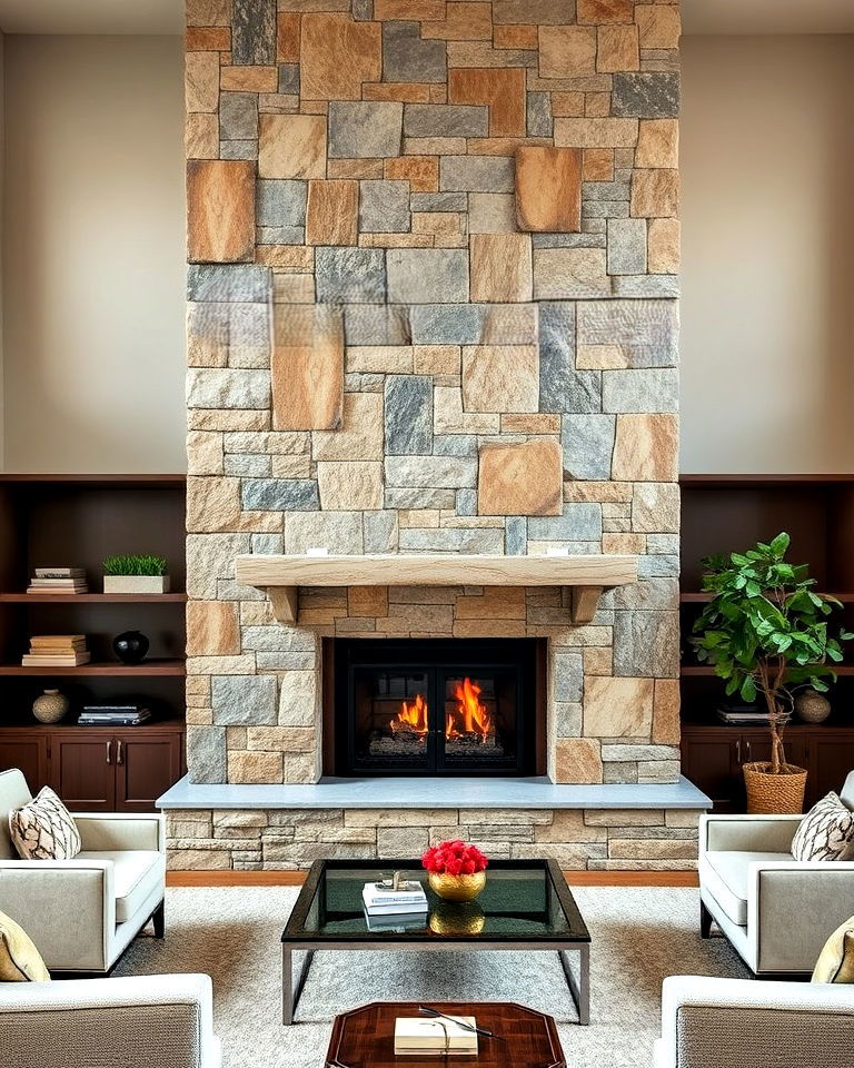 mixed stone patterns for fireplace - 20 Floor-to-Ceiling Stone Fireplace Ideas
