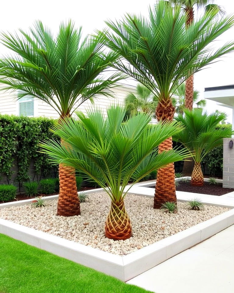 modern aesthetic geometric beds with palms - 30 Front Yard Palm Tree Landscape Design Ideas