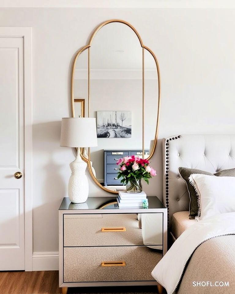 modern asymmetrical mirror design - 15 Mirror Behind Nightstand Design Ideas