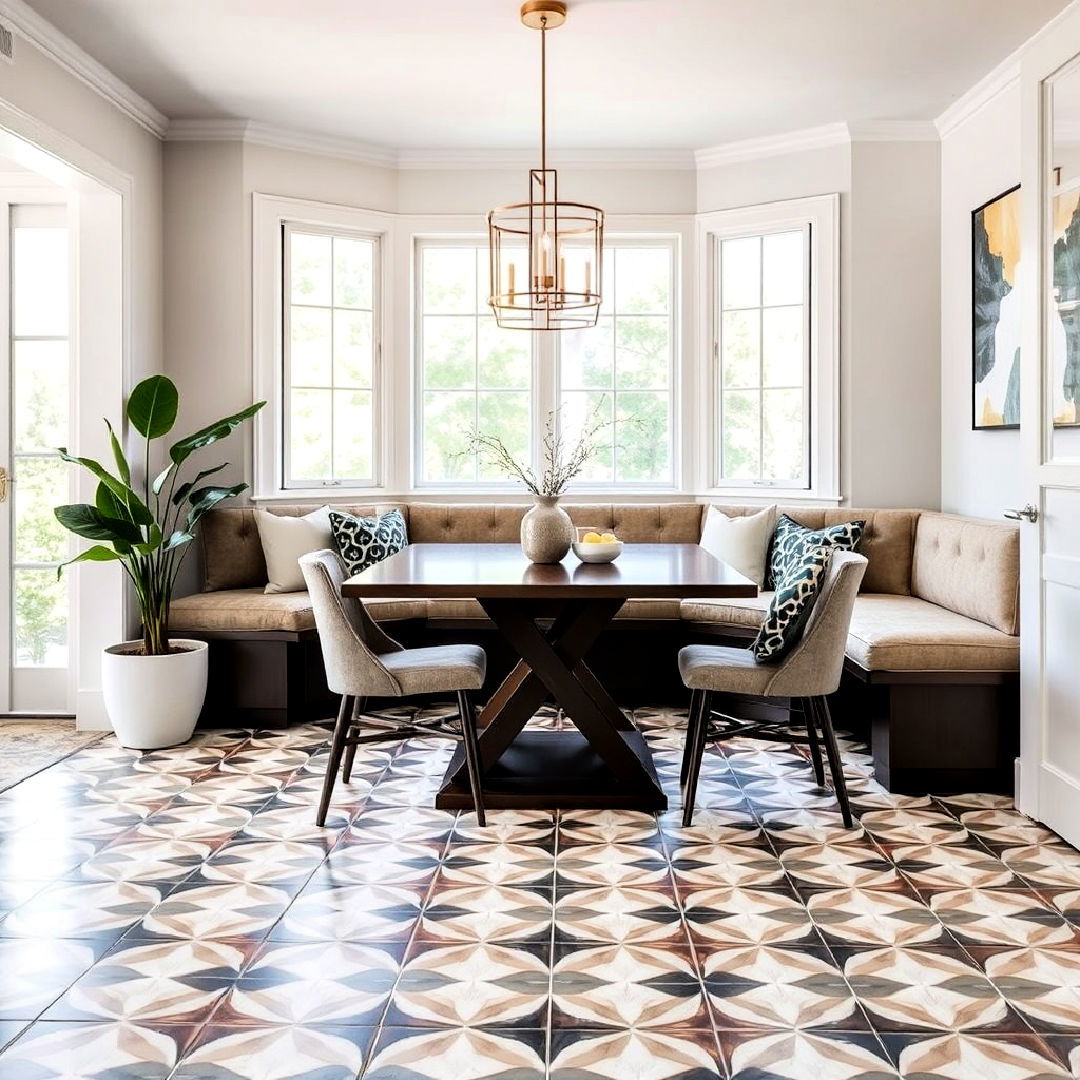 modern banquette with geometric tile flooring - 40 Banquette Seating Ideas