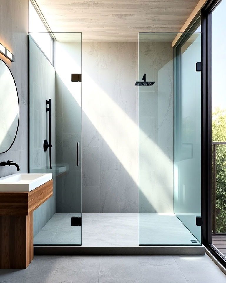 modern bathroom with concrete and glass shower - 30 Concrete Bathroom Ideas