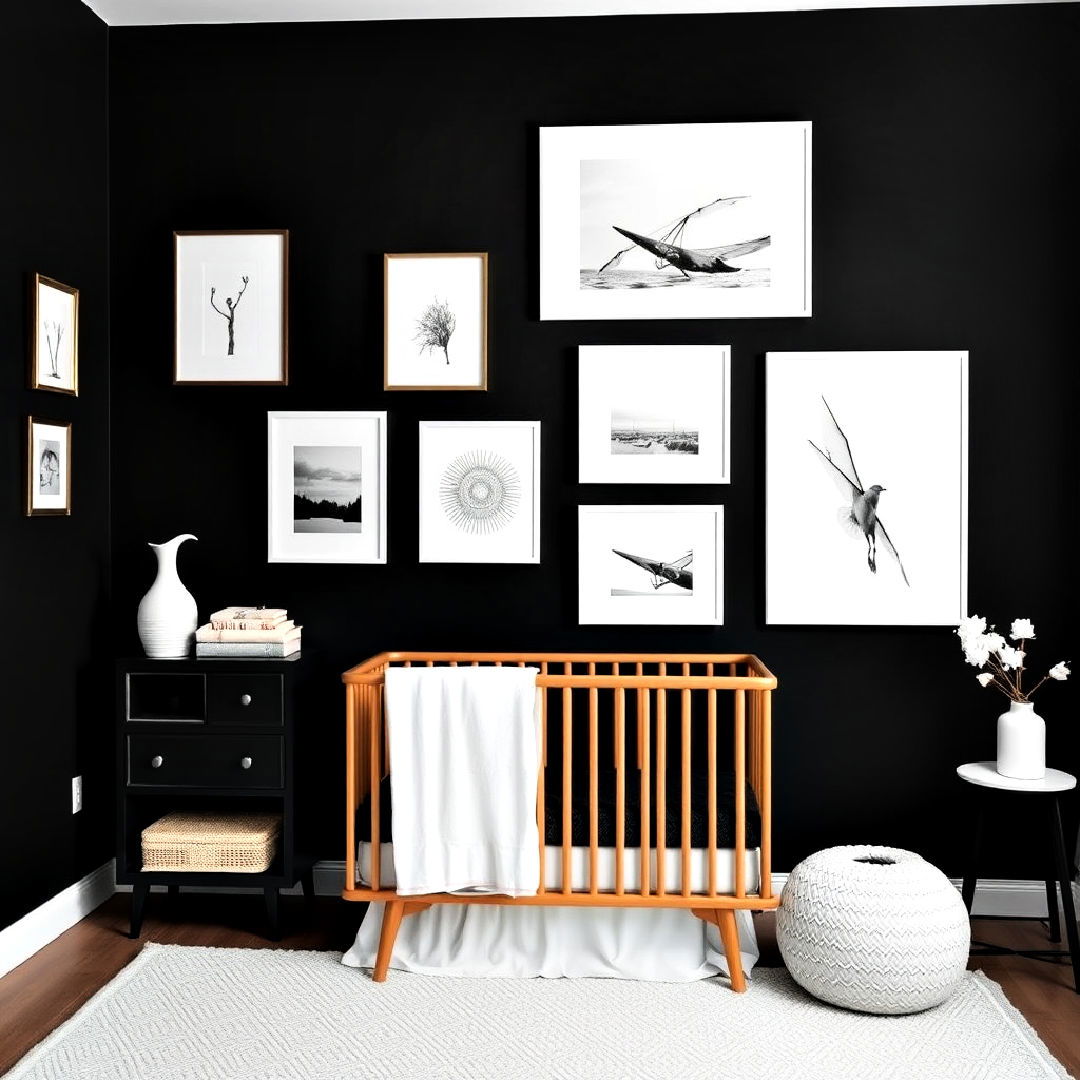 modern black accent wall with white art - 25 Black and White Nursery Ideas