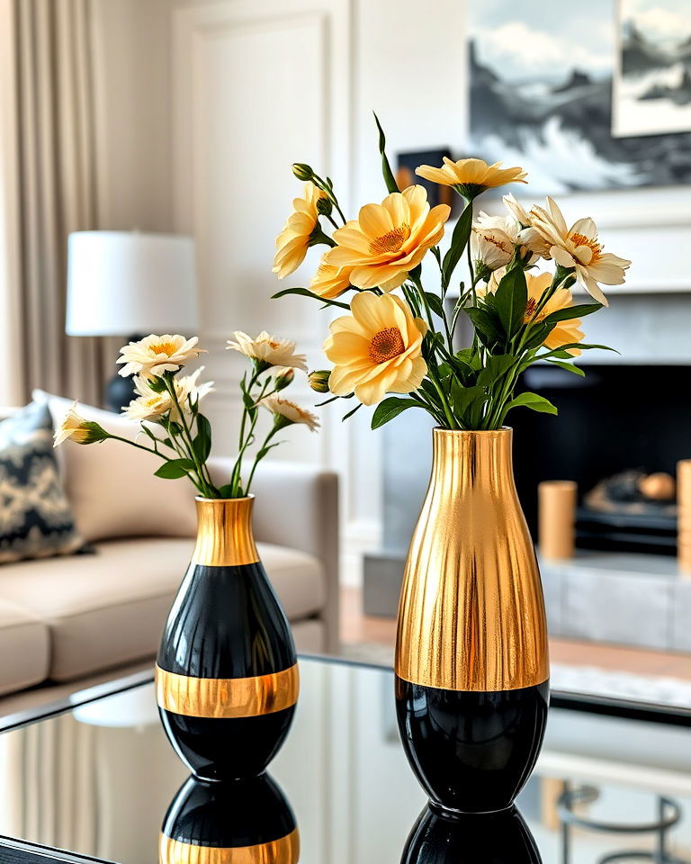 modern black and gold vases with fresh flowers - 40 Black and Gold Living Room Ideas