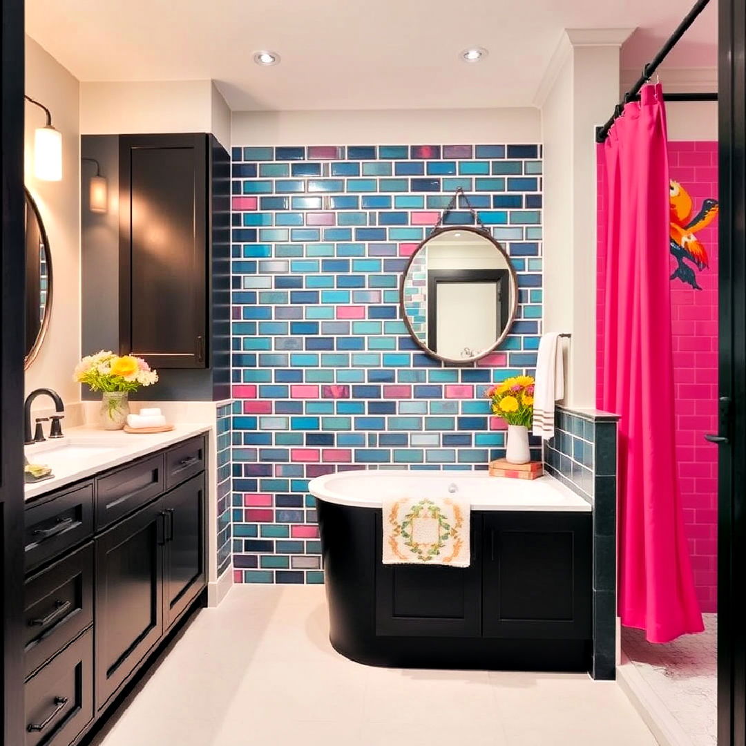 modern black cabinets with a pop of color - 25 Bathroom With Black Cabinets Ideas
